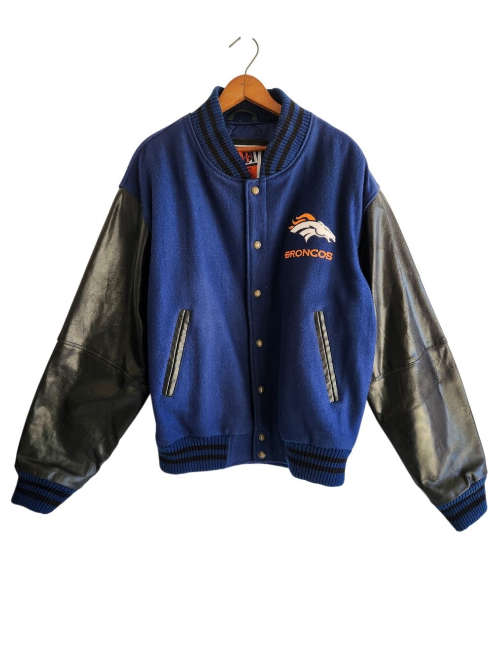 Vintage Broncos Carl Banks Wool & Leather Bomber Jacket Navy Blue Black Sz M